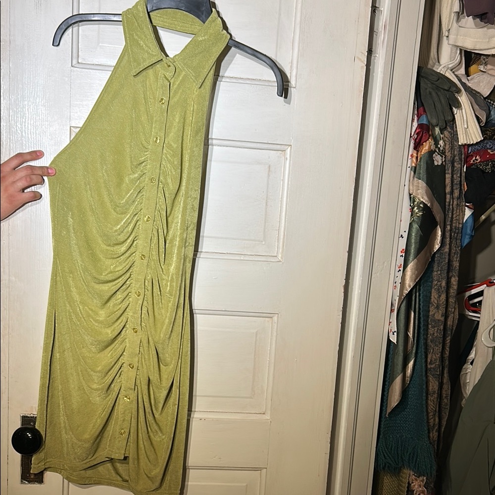 La Hearts Green Ruched Halter Sheath Dress